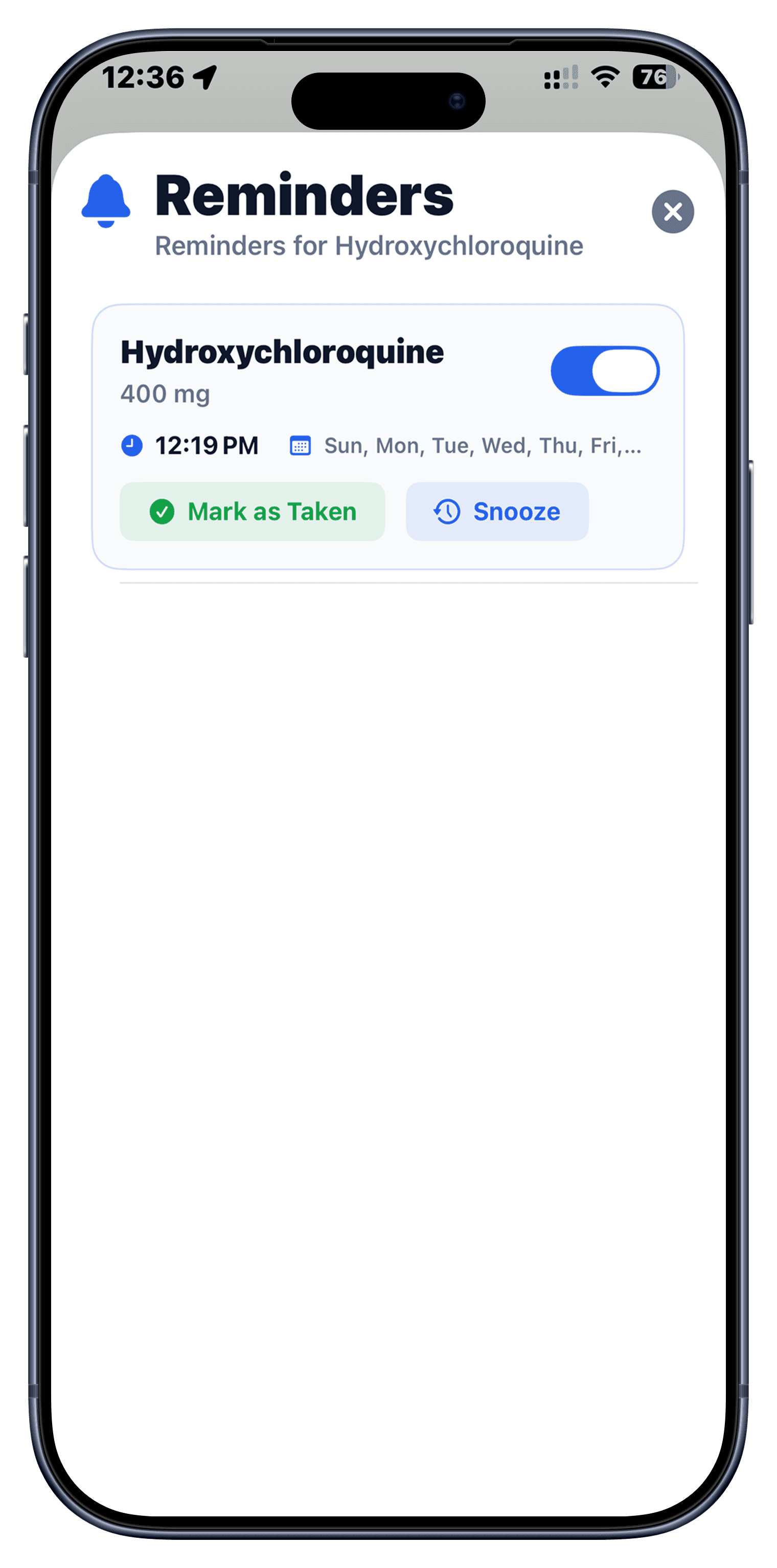 Reminders screen of the AI Pill ID app